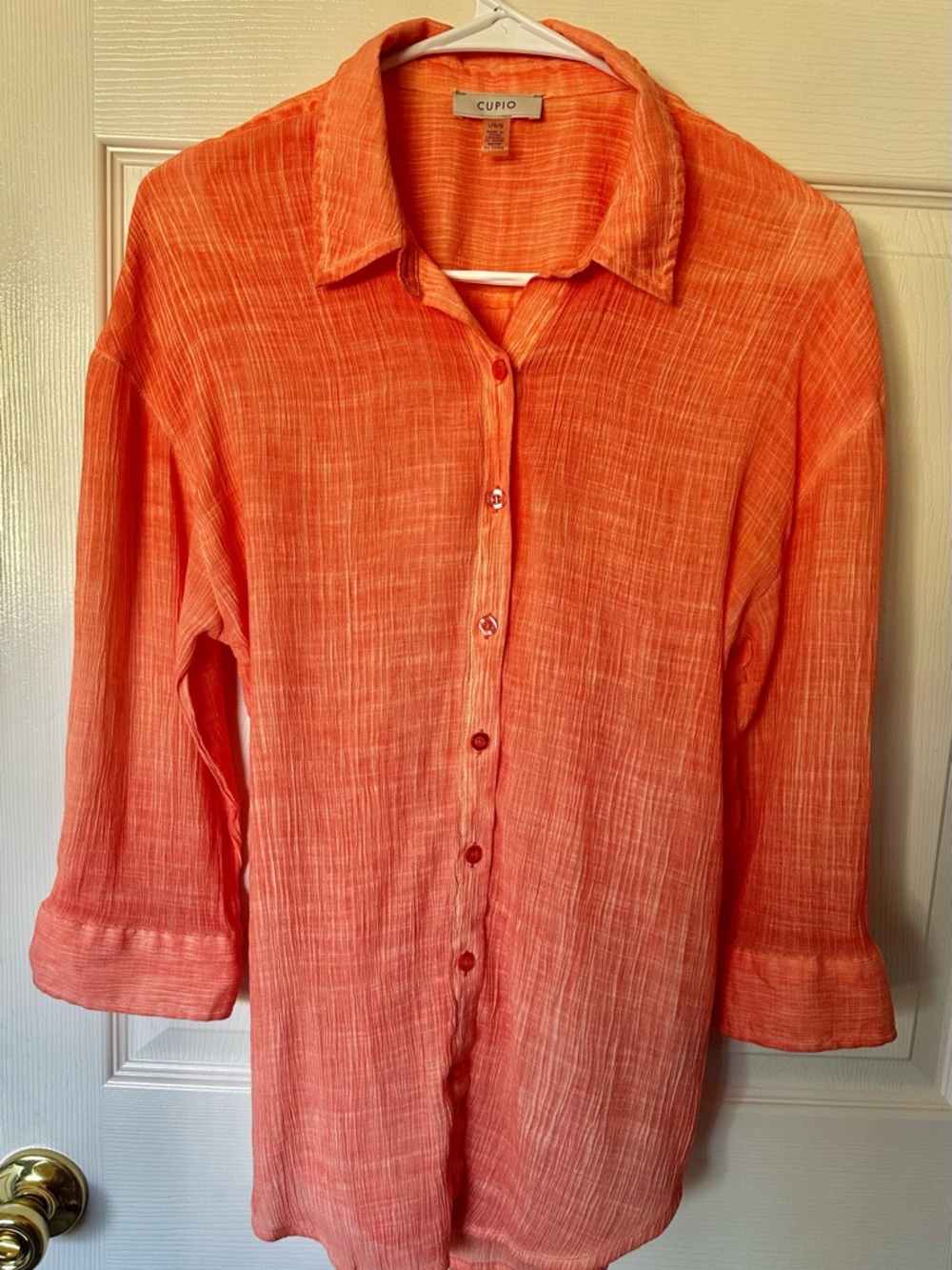 Cupio L, Orange/ cream Button-Down Shirt wrinkly flowy design